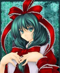  bow commentary_request dress female frills front_ponytail green_eyes green_hair hair_ornament hair_ribbon hairbow hands_on_own_chest kagiyama_hina looking_at_viewer open_mouth red_dress ribbon shimada_(simada_bu) solo touhou upper_body 