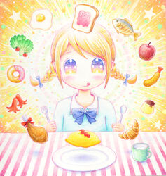  apple aura blonde_hair bow braid bread bread_slice chicken_(food) chicken_leg commentary croissant cup doughnut egg_(food) female fish floating floating_object food fork fried_chicken fried_egg fruit hairbow halo holding holding_fork holding_spoon jam leica lettuce looking_at_viewer mug multicolored_eyes omelet omurice original photoshop_(medium) plate pudding sausage shrimp shrimp_tempura solo spoon star_(symbol) striped_tablecloth tablecloth tempura toast tomato tongue tongue_out 