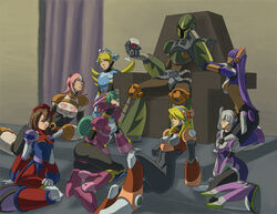  1boy 6+girls alcohol alia_(mega_man) android armor artist_request beret blonde_hair blue_eyes boots breasts brown_hair cinnamon_(mega_man) commission commissioner_upload cup dark-skinned_female dark_skin dress drinking_glass glasses green_eyes green_hair hair_over_eyes hairband harem hat headgear helmet holding holding_cup irene_(mega_man) iris_(mega_man) knee_boots layer_(mega_man) long_hair looking_at_another marino_(mega_man) medium_breasts mega_man_(series) mega_man_x4 mega_man_x:_command_mission mega_man_x_(series) mole multiple_girls nana_(mega_man_x:_command_mission) nurse nurse_cap pantyhose pink_hair ponytail purple_hair robot robot_ears rockman_online sitting straight thighhighs throne throne_room underboob vile_(mega_man) white_hair wine wine_glass 