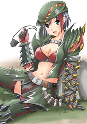  against_rock aikawa_fuugetsu arm_support armlet belt bracelet breasts cleavage collarbone commentary_request deviljho_(armor) eyepatch female gauntlets gloves hat jewelry large_breasts monster_hunter_(character) monster_hunter_(series) monster_hunter_3_g navel open_mouth purple_eyes purple_hair short_hair sitting solo spiked_bracelet spiked_knuckles spikes thighhighs unworn_eyepatch 