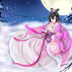  bad_id bad_pixiv_id beifeng_han black_hair chang&#039;e chinese_clothes dress female flower flower_request full_moon hair_between_eyes hair_flower hair_ornament hair_rings hanfu long_hair miyaura_sanshio moon night original pink_dress pink_flower pink_rose purple_eyes purple_flower purple_rose rabbit rose smile solo tree 