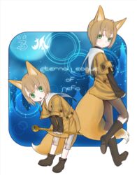  2boys :o ahoge androgynous animal_ears ankle_boots aqua_eyes bad_id bad_pixiv_id bent_over black_footwear blush boots brown_hair buttons capri_pants character_name closed_mouth coat colored_eyelashes commentary_request copyright_name elona elona+ eyelashes eyes_visible_through_hair fox_brother_(elona) fox_ears fox_tail frown full_body grey_pants hair_between_eyes holding holding_staff leaning leaning_forward leg_up legs_apart long_sleeves mizore_milk multiple_boys open_mouth orange_coat pale_skin pants platform_footwear sailor_collar short_hair short_sleeves sleeves_past_wrists staff standing tail tareme teeth text_focus thick_eyebrows tongue translated white_pants 