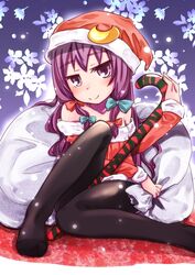  bare_shoulders blush cane commentary_request crescent female hat long_hair mayuge_inu pantyhose patchouli_knowledge purple_eyes purple_hair sack santa_costume santa_hat smile snowflakes solo touhou 