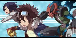  2boys bad_id bad_pixiv_id black_hair brown_eyes brown_hair digimon digimon_(creature) digimon_adventure_02 gloves goggles hajime_(hajime-ill-1st) ichijouji_ken jacket letterboxed male_focus motomiya_daisuke multiple_boys paildramon school_uniform 