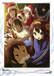  2boys 3girls absurdres asahina_mikuru brown_eyes brown_hair cake calendar_(medium) christmas closed_eyes food glasses gym_uniform highres horiguchi_yukiko koizumi_itsuki kyon long_hair merry_christmas multiple_boys multiple_girls nagato_yuki official_alternate_hair_length official_alternate_hairstyle official_art purple_hair santa_costume scan short_hair suzumiya_haruhi suzumiya_haruhi_no_shoushitsu suzumiya_haruhi_no_yuuutsu track_suit yamada_naoko 