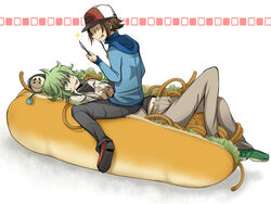  2boys baseball_cap black_(pokemon) brown_eyes brown_hair clothed food_boy fork green_eyes green_hair hat inukai_(g_a) knife long_hair multiple_boys n_(pokemon) navel open_mouth otamaro pokemon pokemon_(game) pokemon_black_and_white short_hair simple_background sitting smirk straddle sweat tongue touya_(pokemon) yaoi you_gonna_get_eaten you_gonna_get_raped 