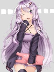  bad_id bad_pixiv_id blush dress female hair_ornament hairpin hand_over_face highres jacket long_hair narumiyaaz off_shoulder one_eye_closed open_clothes open_jacket open_mouth purple_dress purple_eyes purple_hair rabbit-shaped_pillow sleepy solo tears very_long_hair vocaloid voiceroid yawning yuzuki_yukari 