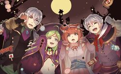  2boys 2girls animal_ears blush cape cat_ears closed_eyes commentary_request dress fire_emblem fire_emblem_awakening fire_emblem_fates fire_emblem_heroes formal gloves green_hair grey_hair hairband henry_(fire_emblem) henry_(halloween)_(fire_emblem) jakob_(fire_emblem) jakob_(halloween)_(fire_emblem) japanese_clothes kimono long_hair looking_at_viewer low_ponytail multiple_boys multiple_girls mystical_high_collar nowi_(fire_emblem) nowi_(halloween)_(fire_emblem) open_mouth pink_hair ponytail purple_eyes red_hair sakura_(fire_emblem) sakura_(halloween)_(fire_emblem) scar short_hair shy_(ribboneels) smile suit white_hair witch zombie 