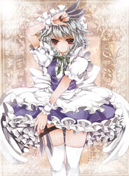  braid commentary_request edo. female grey_hair izayoi_sakuya knife maid maid_headdress red_eyes ribbon short_hair skirt smile solo thighhighs touhou twin_braids 