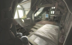  attic bed bedroom commentary_request doll indoors light_rays nabana no_humans original painting_(object) rafters scenery stairs sunbeam sunlight window 