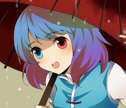  bad_id bad_pixiv_id blue_eyes blue_hair female gradient_hair heterochromia multicolored_hair oil-paper_umbrella open_mouth red_eyes short_hair solo tatara_kogasa touhou umbrella waiko 