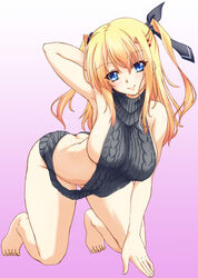  arm_up backless_dress backless_outfit bare_back blonde_hair blue_eyes breasts butt_crack commentary_request da_capo dress female kirisawa_tokito large_breasts long_hair meme_attire morizono_rikka naked_sweater photoshop_(medium) sideboob sleeveless sleeveless_turtleneck solo sweater sweater_dress turtleneck turtleneck_sweater twintails virgin_killer_sweater 