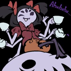  ;d animal arm_behind_back arm_support arthropod_girl black_background black_hair bow bowtie breasts bug colored_skin commentary_request crossed_legs cup extra_arms extra_eyes fangs female hairbow holding holding_cup laughing monster_girl muffet muffet&#039;s_pet one_eye_closed open_mouth orange_shorts oversized_animal pantyhose puffy_short_sleeves puffy_shorts puffy_sleeves purple_eyes purple_pantyhose purple_skin red_bow red_bowtie red_shirt reiesu_(reis) shirt short_hair short_sleeves shorts simple_background sitting small_breasts smile solid_eyes solo spider spider_girl teacup teapot tongue twitter_username two_side_up undertale 