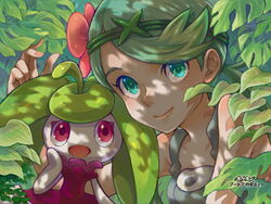  aqua_eyes artist_name bad_id bad_link bad_miiverse_id commentary_request female flower green_hair hair_flower hair_ornament mallow_(pokemon) open_mouth overalls pink_eyes pokemon pokemon_(creature) pokemon_sm saikacho_(nintendo_network) shadowed smile steenee 