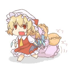  2girls bad_id bad_pixiv_id bat_wings blue_hair blush chibi dragging eiri_(eirri) flandre_scarlet grabbing_another&#039;s_wing hat hat_ribbon hugging_object multiple_girls necktie oerba_yun_fang open_mouth pillow pillow_hug red_eyes remilia_scarlet ribbon shirt siblings side_ponytail sisters skirt skirt_set touhou vest walking wings 