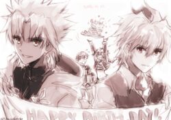  &gt;_&lt; 4boys ahoge amakusa_shirou_(fate) astolfo_(fate) cake caules_forvedge_yggdmillennia commentary_request dark_skin earrings fate/apocrypha fate_(series) food gift glasses hair_between_eyes happy_birthday holding holding_gift holding_sign jewelry looking_at_viewer male_focus multiple_boys multiple_monochrome otoko_no_ko priest red_eyes shirt short_hair sieg_(fate) sign tetsumaki waistcoat yellow_eyes 