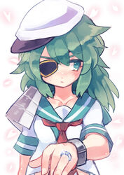  aqua_eyes bad_id bad_pixiv_id blush collarbone eyepatch female green_hair hat iwashi_(sardineblue) jewelry kantai_collection kiso_(kancolle) long_hair ring school_uniform serafuku solo upper_body 