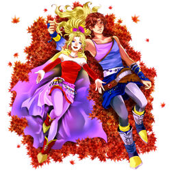  1boy bare_shoulders bartz_klauser blonde_hair blue_eyes bow brown_hair cape chiru_(sanifani) commentary_request couple dissidia_final_fantasy dress earrings elbow_gloves female final_fantasy final_fantasy_5 final_fantasy_vi gloves jewelry leaf pantyhose ponytail purple_legwear short_dress smile straight terra_branford 