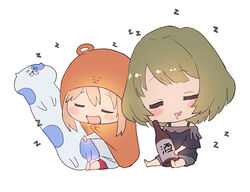  2girls :d barefoot blonde_hair blush_stickers bottle brown_hair chibi commentary_request crossover doma_umaru drooling hamster_costume himouto!_umaru-chan idolmaster idolmaster_cinderella_girls komaru_(himouto!_umaru-chan) meto31 mole mole_under_eye multiple_girls nekoronbusu open_mouth photoshop_(medium) sake_bottle short_hair shorts simple_background sleeping smile stuffed_animal stuffed_cat stuffed_toy takagaki_kaede white_background zzz 