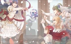  4girls blue_eyes blue_hair blush bouquet breasts bridal_veil bride bride_(fire_emblem) caeda_(bridal)_(fire_emblem) caeda_(fire_emblem) charlotte_(bridal)_(fire_emblem) charlotte_(fire_emblem) commentary_request cordelia_(bridal)_(fire_emblem) cordelia_(fire_emblem) dress earrings elbow_gloves fingerless_gloves fire_emblem fire_emblem:_mystery_of_the_emblem fire_emblem:_the_blazing_blade fire_emblem_awakening fire_emblem_fates fire_emblem_heroes flower formal gloves green_eyes green_hair high_ponytail jewelry long_hair lyn_(bridal)_(fire_emblem) lyn_(fire_emblem) medium_breasts multiple_girls official_alternate_costume ponytail red_hair rose shy_(ribboneels) smile veil very_long_hair wedding_dress white_dress white_gloves 