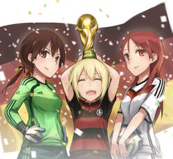  2014_fifa_world_cup 3girls absurdres ball blonde_hair brazuca brown_eyes brown_hair commentary_request confetti erica_hartmann fifa_world_cup_trophy german_flag germany gertrud_barkhorn goalkeeper hair_ribbon happy highres lif_(lif_&amp;_ref) long_hair looking_at_viewer minna-dietlinde_wilcke multiple_girls photoshop_(medium) ribbon smile soccer soccer_ball soccer_uniform sportswear standing strike_witches trophy twintails world_cup world_witches_series 