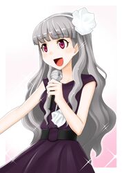  dress female flower hair_flower hair_ornament idolmaster idolmaster_(classic) jewelry long_hair microphone necklace open_mouth shijou_takane smile solo sugar_(sugarless) 