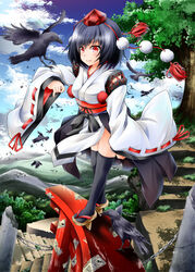  animal_on_arm bird bird_on_arm black_hair black_thighhighs blue_sky chains cloud commentary_request crow day detached_sleeves female geta glint grass hat highres jungle_crow kourindou_tengu_costume lens_flare looking_at_viewer minase_tamaki mountain ofuda outdoors over-kneehighs photoshop_(medium) red_eyes ribbon-trimmed_sleeves ribbon_trim ruins shameimaru_aya short_hair sky smile solo stairs standing_on_torii tengu-geta thighhighs tokin_hat torii touhou tree yin_yang 