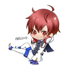  1boy ahoge arsloid bandaid bandaid_on_face character_name chibi commentary_request full_body grin headphones headphones_around_neck heart heart-shaped_pupils male_focus nyaashan red_eyes red_hair school_uniform simple_background smile solo symbol-shaped_pupils vocaloid white_background 