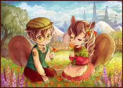  1boy animal_ears apron barn basket brown_hair bug closed_eyes commentary_request dragonfly dress female flower glasses grass green_eyes hair_flower hair_ornament hair_ribbon hat lolicon long_hair long_sleeves original outdoors pants ribbon shirt short_hair smile squirrel_boy squirrel_ears squirrel_girl squirrel_tail tail tati_tachiko tree vest wavy_hair windmill 