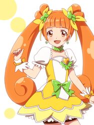  bow brooch choker commentary_request cure_rosetta dokidoki!_precure female green_choker heart heart_brooch jewelry long_hair magical_girl mekurata_meda orange_eyes precure puffy_sleeves ribbon smile solo twintails very_long_hair waist_bow wrist_cuffs yotsuba_alice 