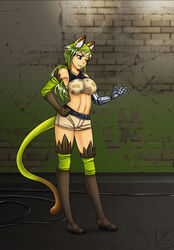  2015 animal_humanoid baylee bottomwear brave_frontier cat_humanoid cat_tail clothing domestic_cat eliana-asato felid felid_humanoid feline feline_humanoid felis female fur green_body green_eyes green_fur green_hair hair hi_res humanoid long_hair mammal mammal_humanoid metal prosthetic prosthetic_arm prosthetic_limb shorts smile solo standing 