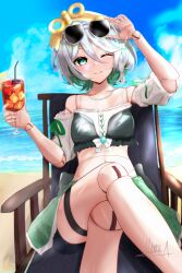  absurdres akamiya_mumu beach cecilia_immergreen colored_inner_hair cup doll_joints female green_eyes green_hair grey_hair highres holojustice hololive hololive_english joints looking_at_viewer multicolored_hair short_hair sky smile solo streaked_hair sunglasses swimsuit two-tone_hair virtual_youtuber water winding_key 