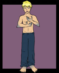  5_fingers 5_toes anthro arm_tuft athletic athletic_human athletic_male barefoot black_border blonde_hair border bottomwear canid canine claw_growth claws clothed clothing denim denim_bottomwear denim_clothing digital_drawing_(artwork) digital_media_(artwork) elbow_tuft feet finger_claws fingers flat_colors fur fur_growth green_eyes grey_body grey_fur growth hair human human_to_anthro jay_(wolfboyjeff95) jeans looking_at_hands male mammal mid_transformation mythological_canine mythological_creature mythology narubi open_mouth oversized_bottomwear oversized_clothing oversized_pants pants plantigrade_to_digitigrade purple_background shocked simple_background slim solo species_transformation standing surprised teeth toe_claws toes tongue topless transformation tuft were werecanid werecanine werewolf wide_eyed 