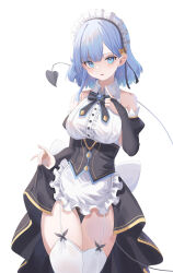  absurdres bare_shoulders black_panties blue_eyes blue_hair blush breasts cake_walker commentary demon_tail female highres looking_at_viewer maid medium_hair open_mouth original panties simple_background tail thighhighs thighs underwear white_background white_thighhighs 