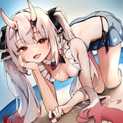  absurdres all_fours bikini bikini_skirt blush breasts cleavage commentary female grey_hair hair_between_eyes hair_ornament hand_on_own_cheek hand_on_own_face head_rest highres hololive horns long_hair looking_at_viewer multicolored_hair nail_polish nakiri_ayame nakiri_ayame_(hololive_summer_2019) oerba_yun_fang official_alternate_costume open_mouth red_eyes red_hair red_nails scarlet_(wv0102) side-tie_bikini_bottom skin-covered_horns smile solo swimsuit symbol-only_commentary twintails virtual_youtuber 