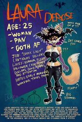  alternative_fashion anthro artist_name bat-eared_fox bat_wings belt belt_chain big_breasts black_hair boker boots bottomwear breasts canid canine chains character_age character_name choker cleavage clothed clothing digital_media_(artwork) english_text eyeshadow female footwear fox fur goth hair head_wings hi_res huge_breasts jewelry laura_derose lipstick makeup mammal membrane_(anatomy) membranous_wings model_sheet multicolored_hair necklace orange_body orange_fur pants purple_eyeshadow purple_hair purple_lipstick red_eyes sharp_teeth shoes signature small_waist solo teeth text topwear tube_top two_tone_hair unusual_wing_placement wings 