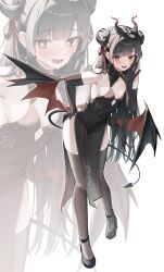  absurdres alternate_costume armpits bare_shoulders black_dress black_footwear black_gloves black_hair black_survival breasts brown_thighhighs china_dress chinese_clothes cleavage_cutout clothing_cutout covered_navel demon_girl demon_horns demon_tail demon_wings double_bun dress elbow_gloves eternal_return:_black_survival female full_body gloves gyogyog hair_bun hair_ribbon hand_on_own_hip hand_up heart heart-shaped_pupils high_heels highres horns leaning_forward li_dailin long_hair looking_at_viewer low_wings no_panties oerba_yun_fang open_mouth pelvic_curtain ribbon simple_background sleeveless sleeveless_dress small_breasts smile solo standing symbol-shaped_pupils tail thighhighs thighs very_long_hair white_background wings yellow_eyes zoom_layer 