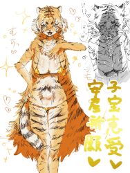  3:4 ?! anthro bodily_fluids breasts cum felid fur genital_fluids golden_bikini hair heart_symbol japanese_text ksksks9393 mammal navel pantherine penis_shadow stripes tail text tiger 