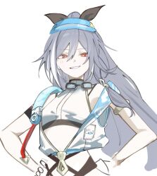  bikini bikini_top_only breasts female fu_hua fu_hua_(herrscher_of_sentience) fu_hua_(ooh!_summer!)_(herrscher_of_sentience) goggles goggles_around_neck grey_hair hands_on_own_hips honkai_(series) honkai_impact_3rd jacket long_hair parted_lips ponytail red_eyes sho_2nini small_breasts smile smug solo stomach swimsuit upper_body visor_cap white_background white_bikini white_jacket 