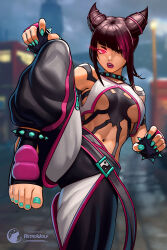  artist_logo artist_name astrowolf black_hair blurry blurry_background bracelet breasts collar depth_of_field feet female fingerless_gloves gloves glowing glowing_eye hair_horns hair_over_one_eye highres jewelry juri_han looking_at_viewer medium_breasts nail_polish navel no_shoes pants purple_eyes revealing_clothes short_hair_with_long_locks solo spiked_bracelet spiked_collar spikes standing standing_on_one_leg stirrup_legwear street_fighter street_fighter_6 toeless_legwear toenail_polish toenails toes 