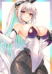  animal_ears azur_lane bare_shoulders black_gloves breasts fake_animal_ears female fishnet_pantyhose fishnets gloves huge_breasts kearsarge_(all_night_charge)_(azur_lane) kearsarge_(azur_lane) large_breasts leotard long_hair looking_at_viewer multicolored_leotard non-web_source official_alternate_costume pantyhose playboy_bunny purple_eyes purple_leotard strapless strapless_leotard two-tone_leotard very_long_hair white_hair white_leotard yosaku_vs_hina 