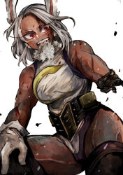  amputee animal_ears belt black_belt black_thighhighs boku_no_hero_academia breasts commentary_request cowboy_shot dark-skinned_female dark_skin female gloves grey_hair grin joints leotard long_eyelashes looking_at_viewer medium_breasts mirko mouth_hold muscular muscular_female rabbit_ears rabbit_girl red_eyes robot_joints short_hair simple_background smile solo teeth thighhighs umeyama_(toma23) veins white_background white_gloves white_hair white_leotard 