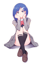  ass asymmetrical_hair black_dress blue_hair bob_cut brown_footwear closed_mouth crossed_ankles darling_in_the_franxx dress elbows_on_knees female green_eyes grey_dress hair_ornament hairclip hands_on_own_cheeks hands_on_own_face head_rest head_tilt highres ichigo_(darling_in_the_franxx) kneehighs knees_up loafers long_sleeves looking_at_viewer military_uniform on_ground pleated_dress red_trim shadow shoes short_hair simple_background sitting smile socks solo straight-on swept_bangs two-tone_dress white_background white_trim yang_zheng_yu 