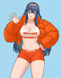  artist_name blue_background blue_eyes blue_hair breasts cleavage clothes_writing cowboy_shot crop_top english_commentary feh_(fire_emblem_heroes) female fire_emblem fire_emblem_awakening fire_emblem_heroes hairband hooters jacket large_breasts long_hair long_sleeves lucina_(fire_emblem) meziosaur midriff navel open_clothes open_jacket orange_jacket orange_shorts short_shorts shorts simple_background solo sports_bra standing stomach thighs very_long_hair 