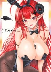  animal_ears azur_lane bare_shoulders black_horns black_leotard breasts cleavage curled_horns detached_collar fake_animal_ears female hindenburg_(azur_lane) hindenburg_(delirious_duel)_(azur_lane) horns huge_breasts large_breasts leotard long_hair looking_at_viewer official_alternate_costume pantyhose playboy_bunny pointy_ears rabbit_ears red_eyes red_hair solo strapless strapless_leotard very_long_hair yosaku_vs_hina 