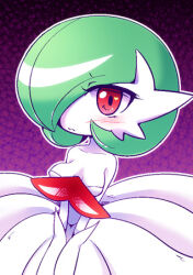  bob_cut colored_skin dress female gardevoir green_hair hair_over_one_eye looking_at_viewer lowres mega_gardevoir mega_pokemon pink_eyes pokemon pokemon_(creature) shiratsuki_(royal_moon) v_arms white_dress white_skin 