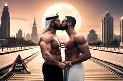  2boys abs ai_generated bara beard beefy bodybuilder city_background gay hi_res highres holding_hands jewelry kissing male male_focus male_only muscular muscular_male necklace nipple_bulge nipples original_character pecs realistic solo sunglasses thick vein visible_nipples watch 