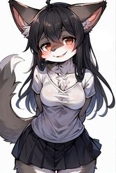  :3 ai_generated anthro black_hair black_skirt blush blushing_at_viewer brown_fur cute female female_focus female_only furry furry_only innocent orange_eyes red_eyes skirt student white_fur white_shirt wolf wolf_ears wolf_girl wolf_tail 