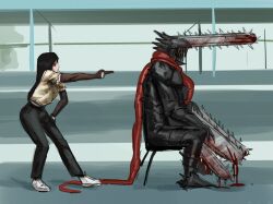  1boy arondiolex black_hair black_pants blood blood_on_weapon chainsaw chainsaw_devil chainsaw_man chair female finger_gun highres intestines long_hair pants sharp_teeth shirt sitting teeth this_is_america torn_clothes torn_sleeves weapon white_footwear white_shirt yoru_(chainsaw_man) 