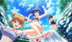  3girls :d arm_up barefoot bikini black_hair black_one-piece_swimsuit blue_bikini blue_hair blurry bracelet brown_eyes brown_hair cinderella_series cloud depth_of_field double_bun earrings falling floral_print_bikini frilled_bikini frills from_below game_cg hachigatsu_no_cinderella_nine hair_bun hair_ornament hairclip high_ponytail high_side_ponytail highres jewelry kondou_saki light_particles light_rays long_hair looking_down multiple_girls nagai_kanako necklace nitta_minako non-web_source official_alternate_hairstyle official_art one-piece_swimsuit open_mouth outdoors purple_eyes side-tie_bikini_bottom sky smile sparkle star_(symbol) star_earrings sunbeam sunlight swimsuit water water_drop waterfall 